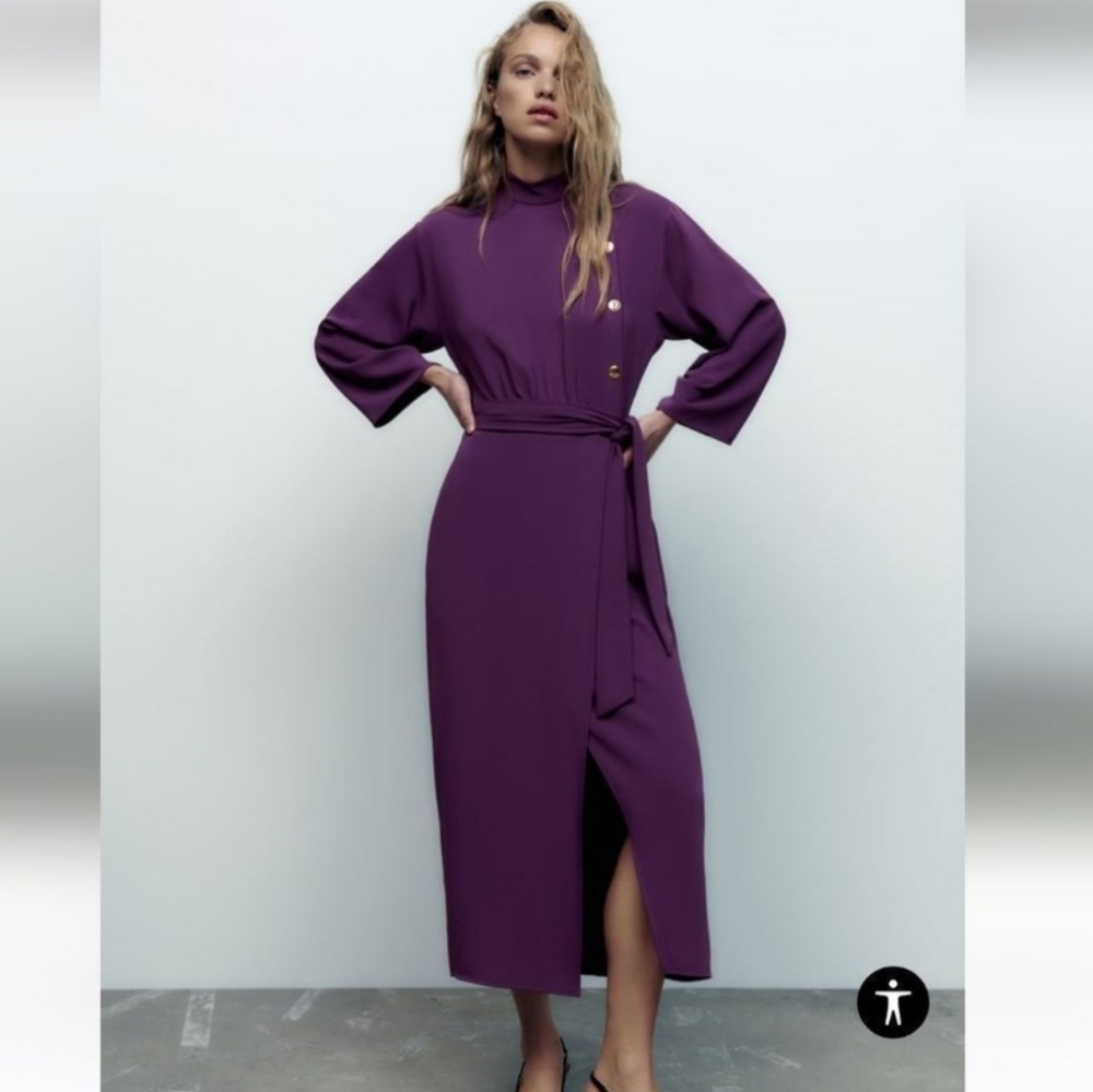 Zara Purple Mock Neck Long Sleeve Midi Dress Gold Button Detail